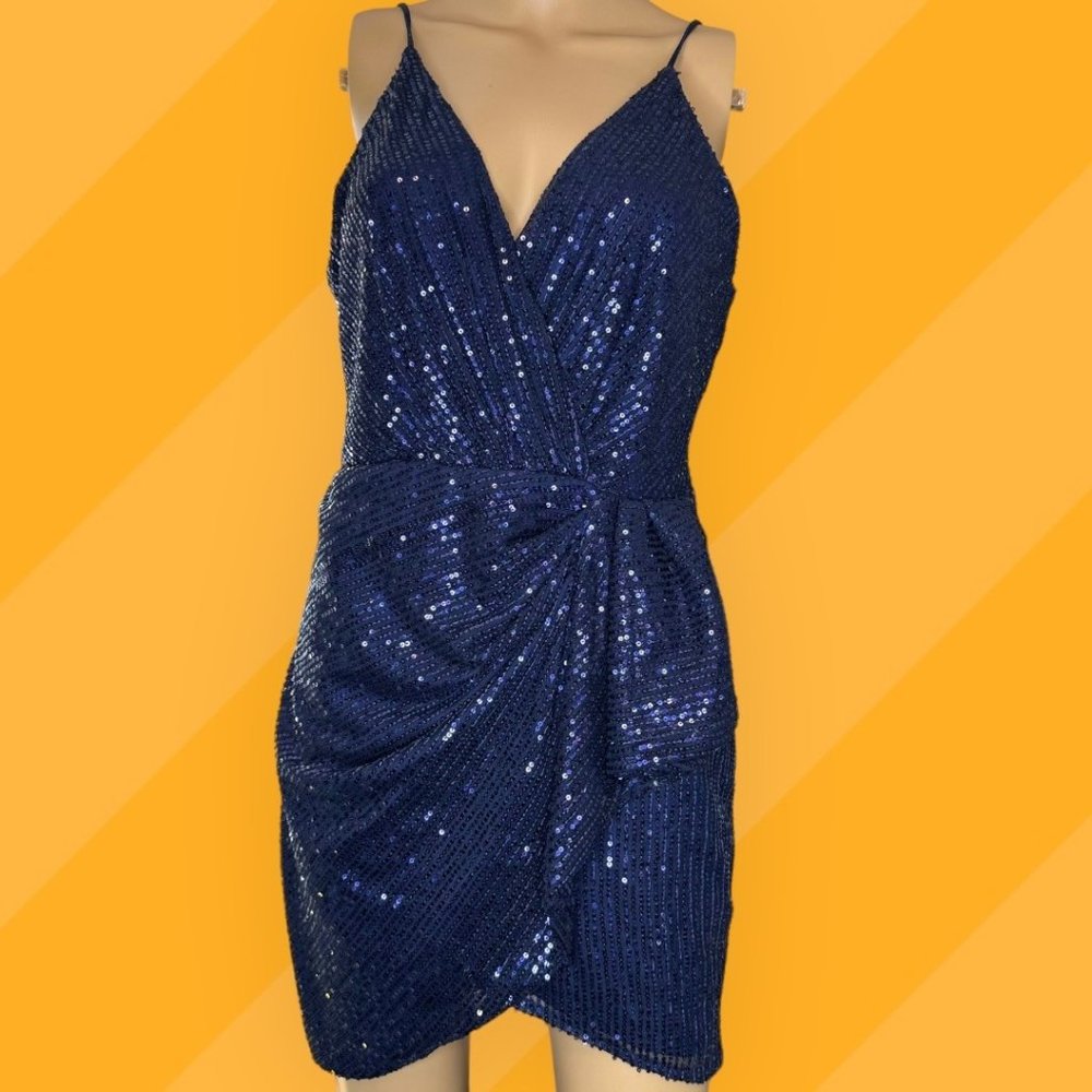 Double Crazy Blue Sequin Mini Dress Large L Lined Sleeveless Stretch V-Neck - Picture 2 of 16